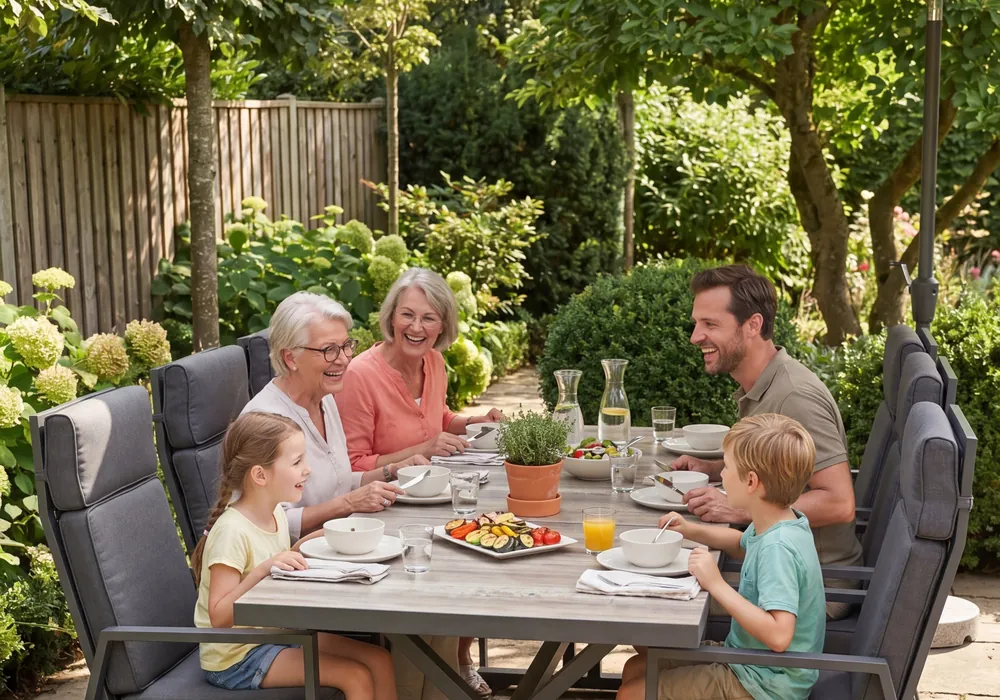 Gezin aan tafel in de tuin met een grijze tuinset met verstelbare stoelen