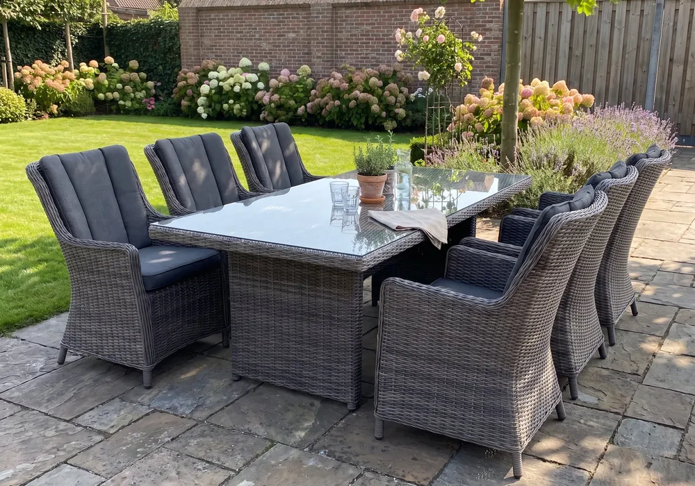 Grote wicker tuinset met acht stoelen op een terras in een Nederlandse achtertuin